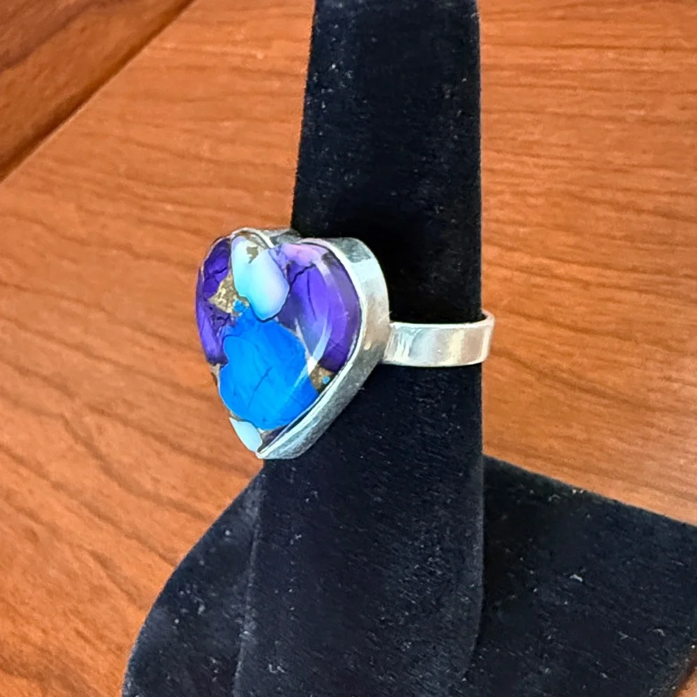 New 925 Sterling Silver Purple Dahlia Turquoise Heart-Shaped Ring Size 5.5